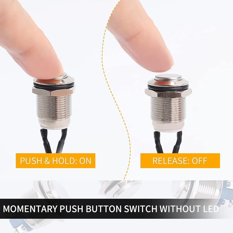 STARELO 5pcs 12mm Momentary Push Button Switch Silver Shell with pre-Wiring, IP65 Waterproof Push Button Switch,Stainless Steel 1 Normally Open Without LED. - Image 4